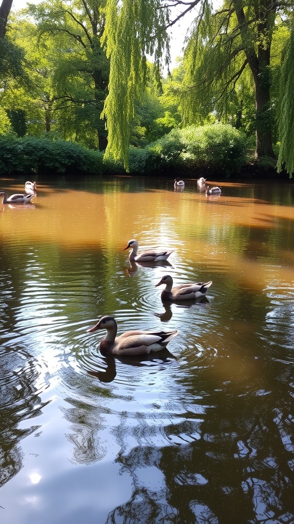 Ducks swimming in a peaceful pond surrounded by greenery.